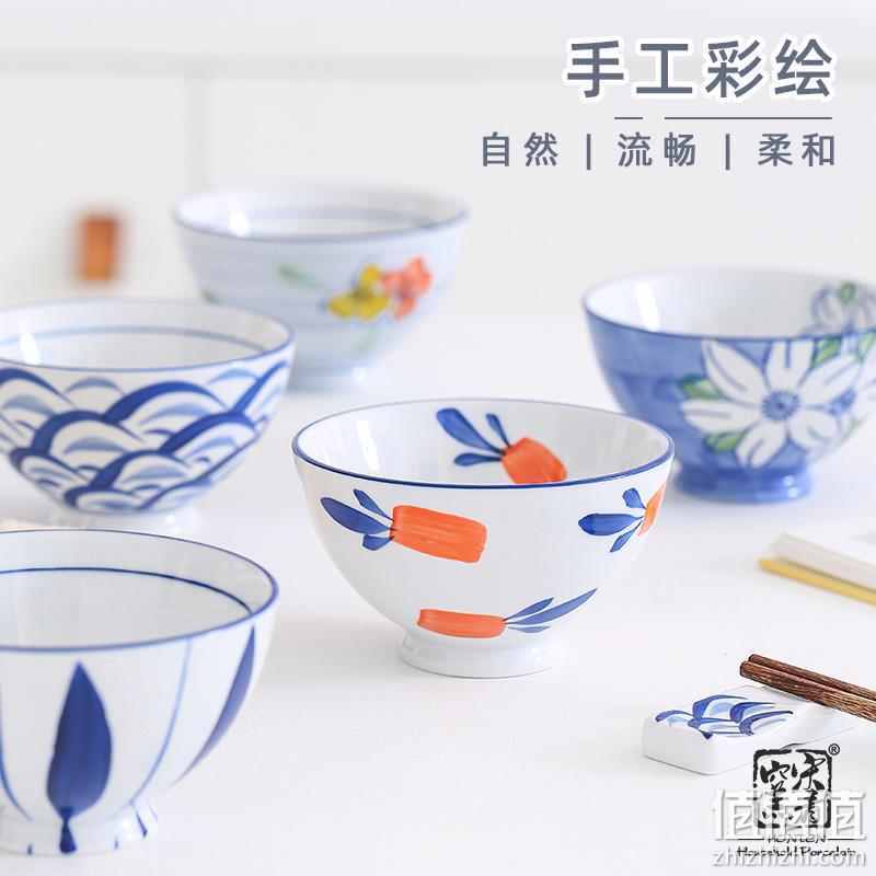 釉下彩，宋青窑 陶瓷高脚碗日式米饭碗 4个 13.9元包邮（需领券） 值值值-买手聚集的地方