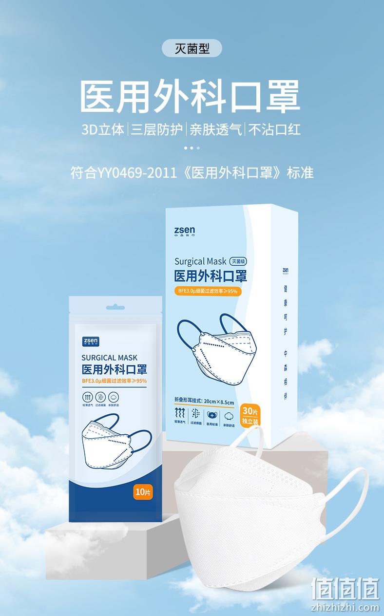 ZSEN中森医疗 KF94一次性柳叶型3d立体医用外科口罩 30只 14.9元包邮（需领券） 值值值-买手聚集的地方