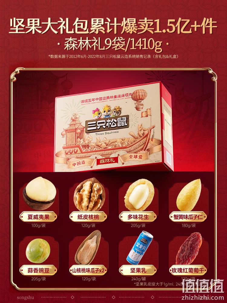 三只松鼠 森林礼 坚果礼盒 9袋1410g 49元包邮（双重优惠） 值值值-买手聚集的地方