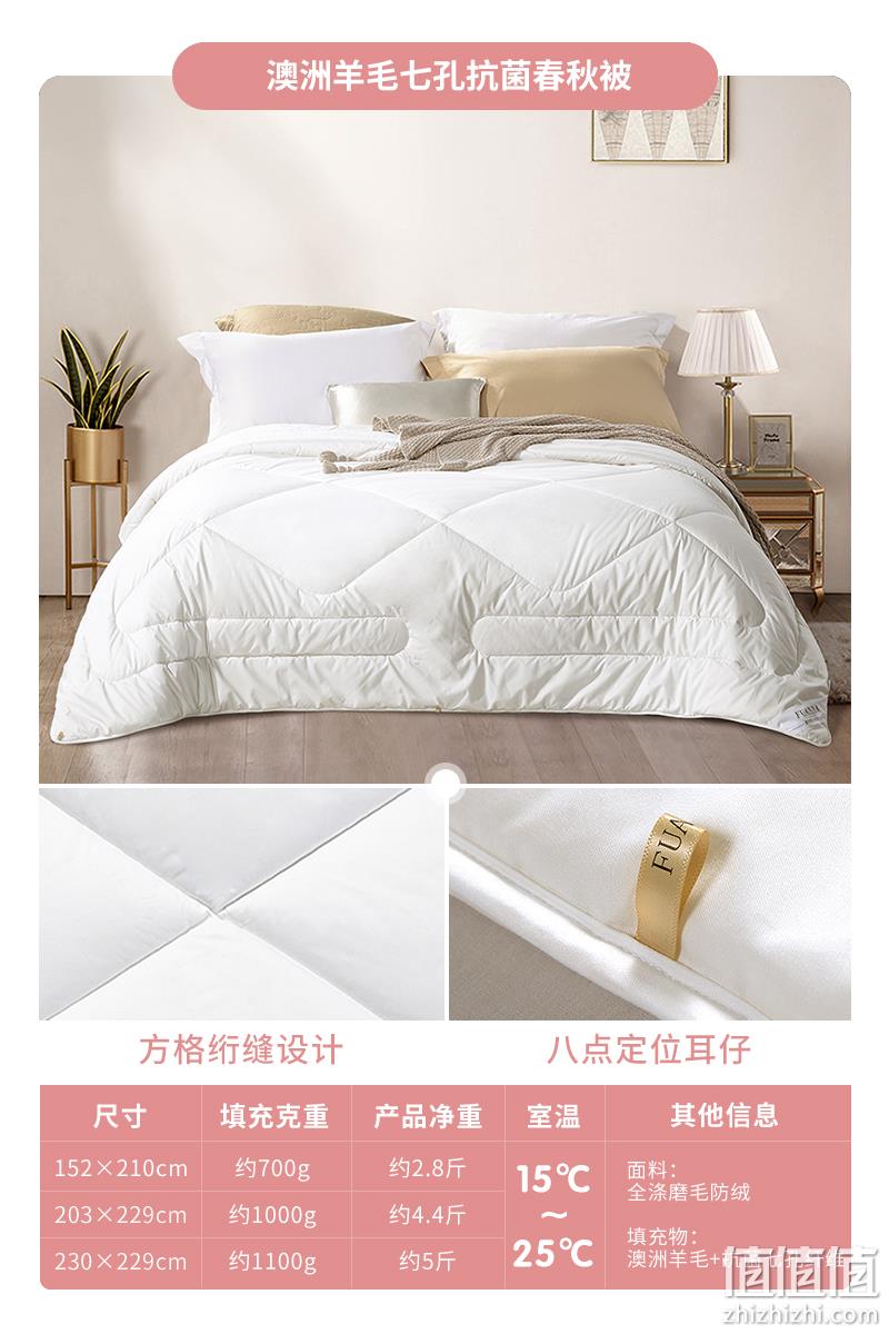 富安娜 澳洲进口羊毛七孔抗菌春秋被1.2~1.8米 144.44元包邮起（双重优惠） 值值值-买手聚集的地方