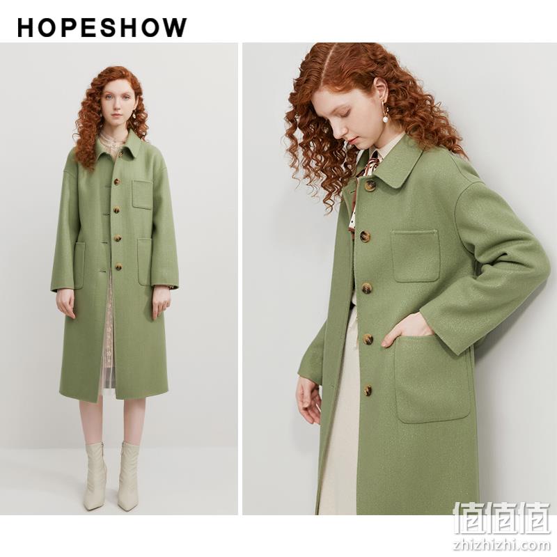 Hopeshow 红袖 显瘦系带双面呢翻领中长款大衣（含94%羊毛） 2色 262元包邮（双重优惠） 值值值-买手聚集的地方