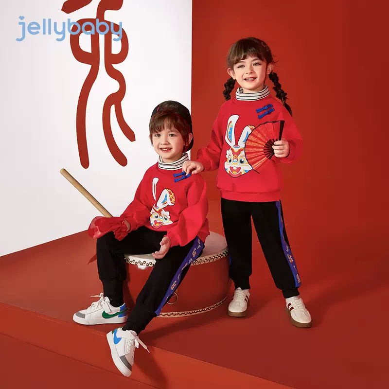 Jellybaby 杰里贝比 儿童原创国潮年兔加绒运动套装（80~160码） 109元包邮（双重优惠） 值值值-买手聚集的地方