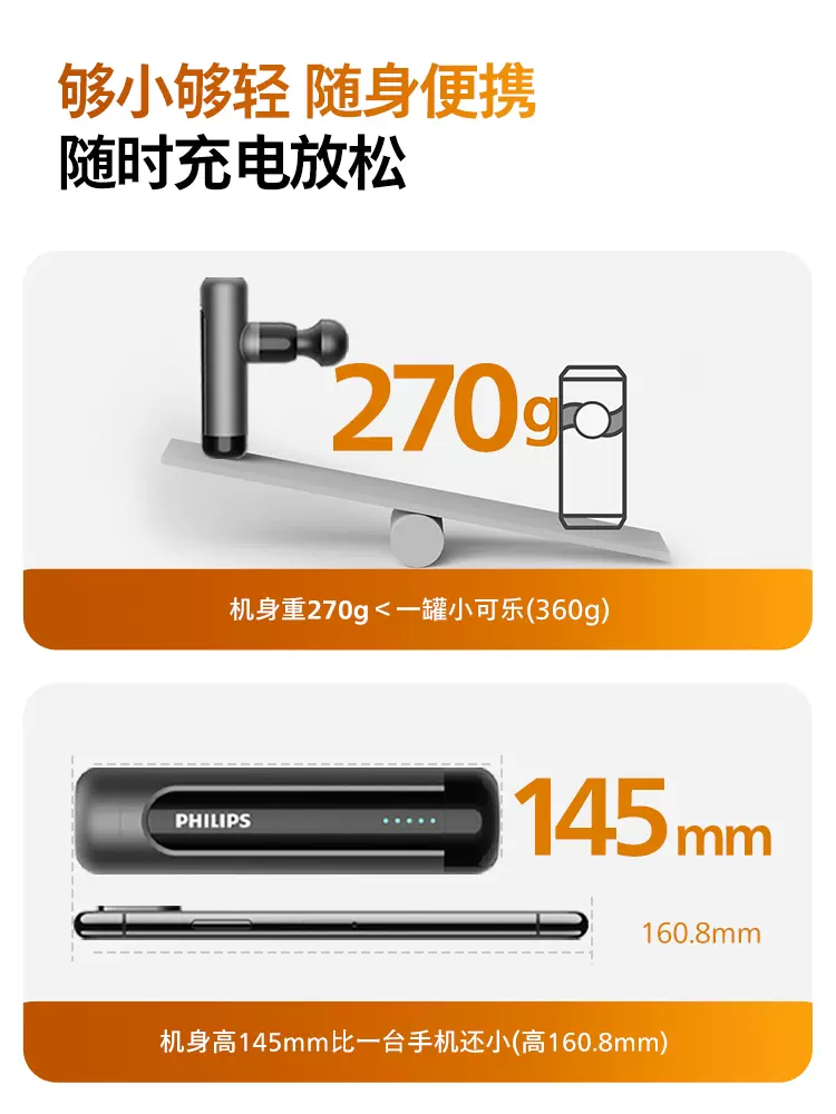 Philips 飞利浦 3105G 迷你筋膜枪放松肌肉按摩器（赠礼品袋+收纳袋+4按摩头） 2色 289元包邮（需领券） 值值值-买手聚集的地方
