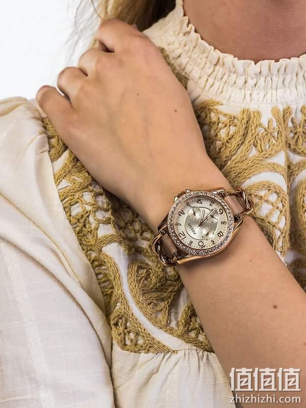 Fossil 化石 Riley系列 ES3466 镶施华洛世奇水晶玫瑰金三眼计时女表 582.38元 值值值-买手聚集的地方
