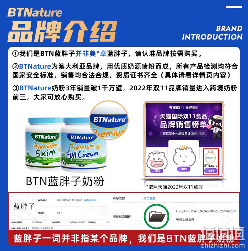 88VIP会员、澳洲进口 BTNature 贝特恩 蓝胖子 高钙全脂无糖奶粉 1kg*3件 新低233.7元包邮包税（77.9元/件） 值值值-买手聚集的地方