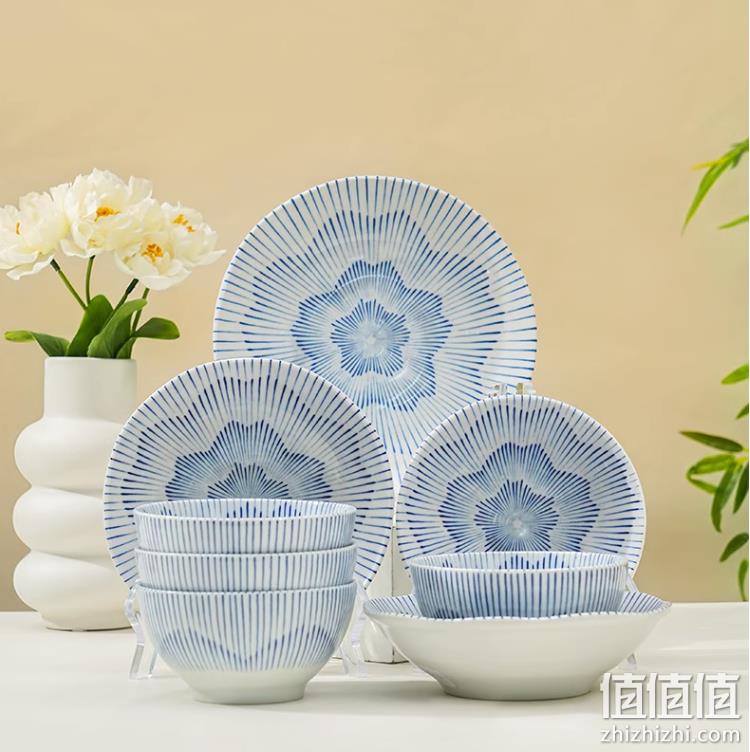 日本进口，Mino Yaki 美浓烧 樱花十草釉下彩陶瓷碗碟8件套 147.72元包邮（双重优惠） 值值值-买手聚集的地方