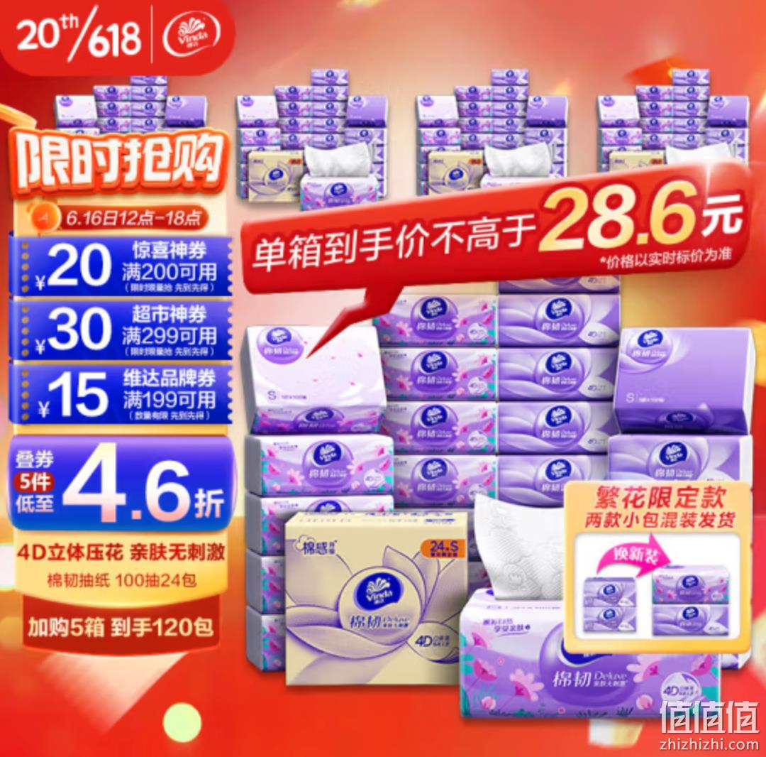 Vinda 维达 棉韧系列 立体美抽纸（S码）3层100抽*24包*5件 142.57元（折合28.5每件） 值值值-买手聚集的地方