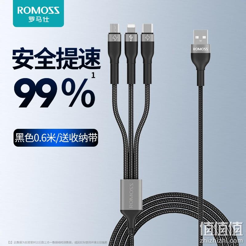 ROMOSS 罗马仕 苹果/安卓通用一拖三数据线 0.6米 送收纳带 10.8元包邮（需领券） 值值值-买手聚集的地方