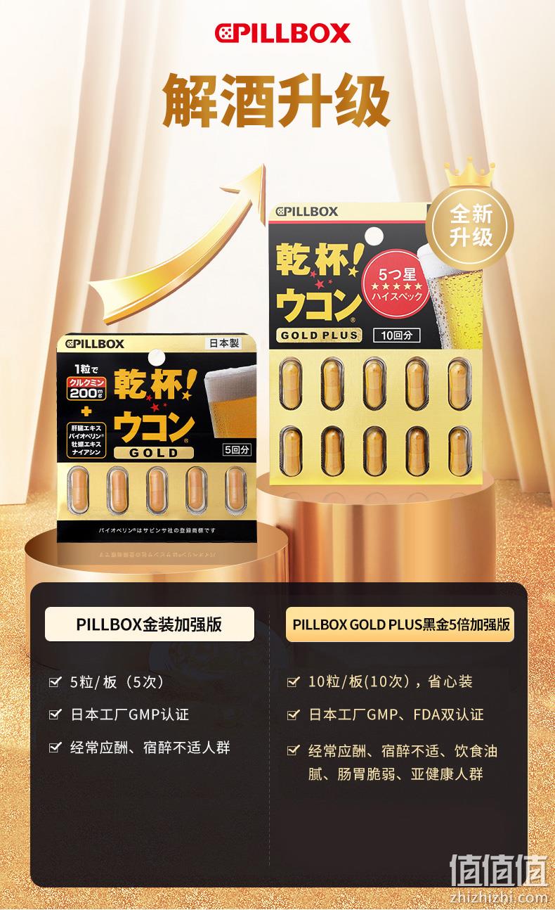 日本进口 Pillbox 黑金装5倍加强版 干杯EX姜黄解酒胶囊10粒 98元包邮包税（需领券） 值值值-买手聚集的地方