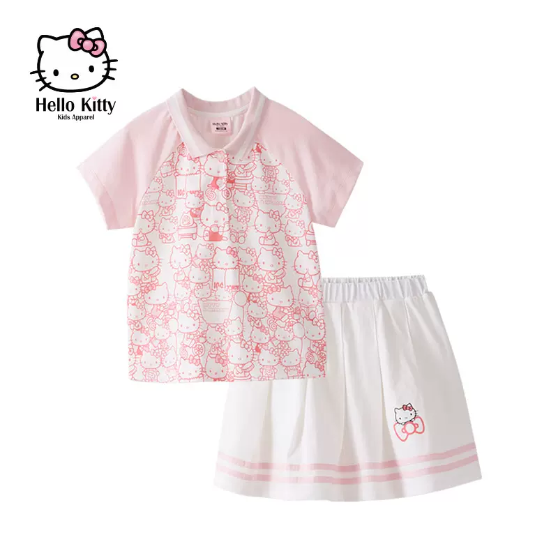 Hello Kitty 2023新款夏季女童洋气时髦短袖运动裙套装（110~150码） 3色 59元包邮（需领券） 值值值-买手聚集的地方