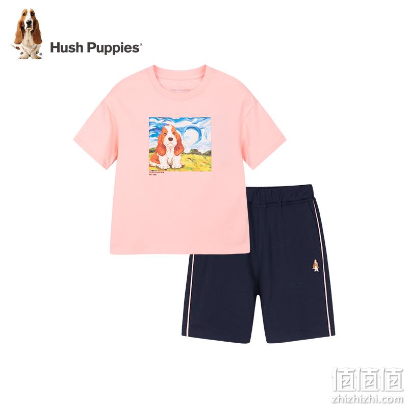 Hush Puppies 暇步士 夏季薄款男/女童纯棉短袖短裤两件套装（105~170码）3色 99元包邮（需领券） 值值值-买手聚集的地方