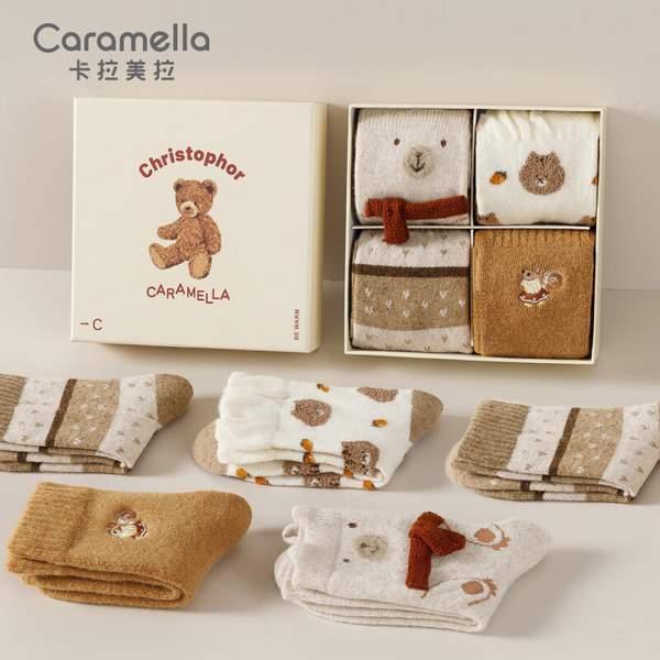 Caramella 卡拉美拉 女士小熊中筒加厚保暖羊毛袜 4双 新低25.9元包邮 值值值-买手聚集的地方