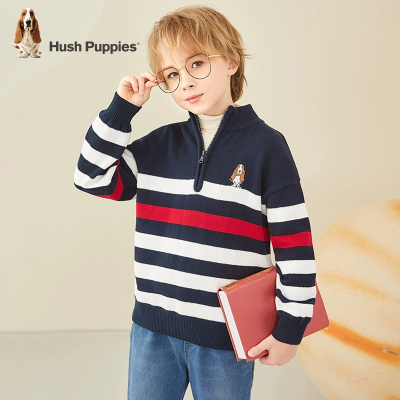 Hush Puppies 暇步士 2023年冬季新款男童纯棉半开领条纹针织衫（110-160cm）3色 114元包邮 值值值-买手聚集的地方