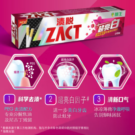 Lion 狮王 ZACT 超亮白牙膏 150g*3支 25.9元包邮 值值值-买手聚集的地方