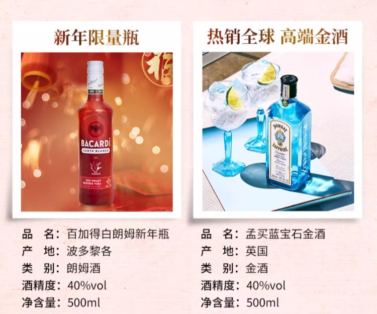 BACARDI 百加得 朗姆酒*2+金酒+威士忌+伏特加五大烈酒基酒组合（750ml*2+700ml+500ml*2） 447.9元包邮 值值值-买手聚集的地方