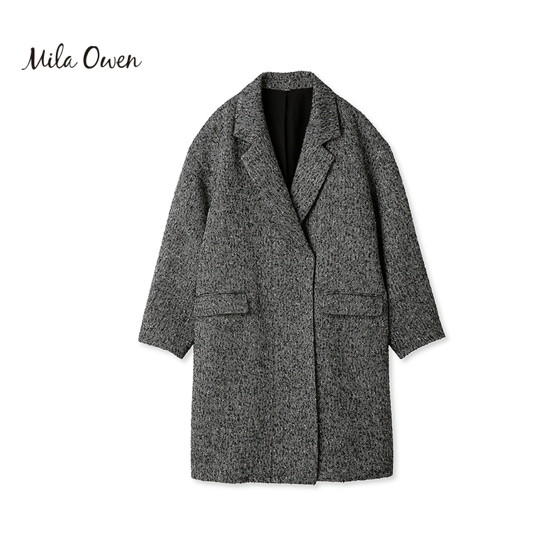 降￥200！Mila Owen 2023秋季新款女士翻领直筒中长茧型羊毛混纺大衣 09WFC234144 新低594.35元（天猫旗舰店折后1489元） 值值值-买手聚集的地方