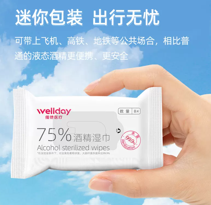 维德医疗 75%酒精消毒湿巾 8片*8包 13.8元包邮 值值值-买手聚集的地方