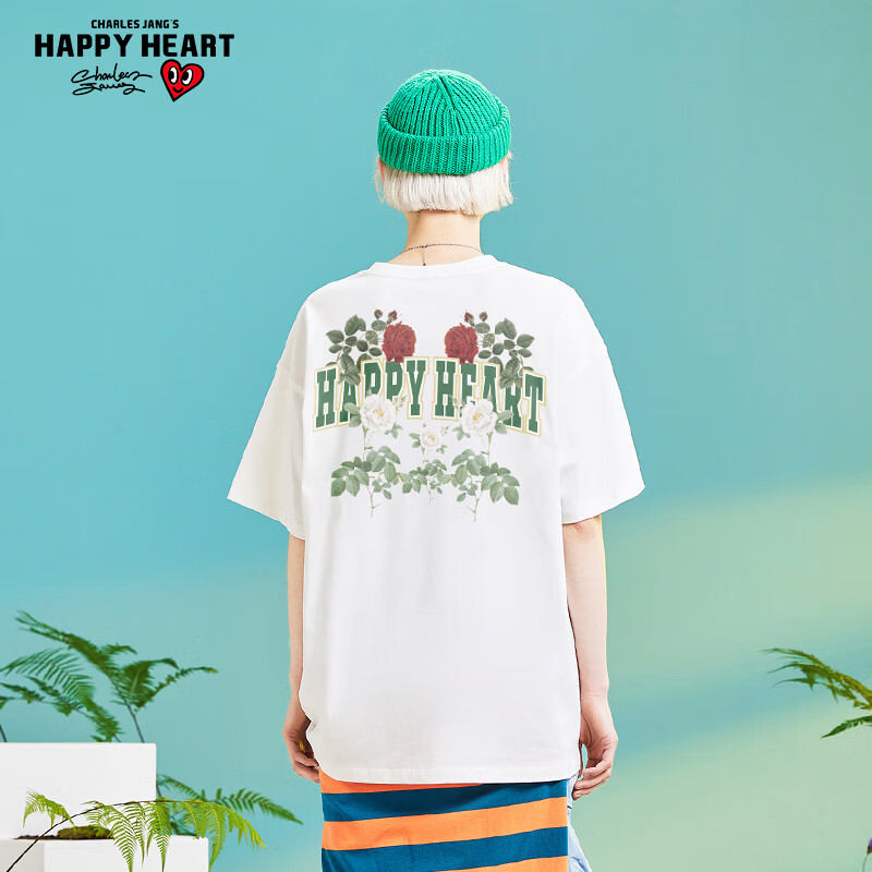 Charles Jang's Happy Heart 查尔斯桃心 男女同款纯棉玫瑰字母印花短袖T恤 多色 69元包邮 值值值-买手聚集的地方