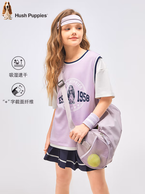 Hush Puppies 暇步士 2024夏季新款儿童假两件速干短袖T恤 （105~170码） 3色 69元包邮 值值值-买手聚集的地方