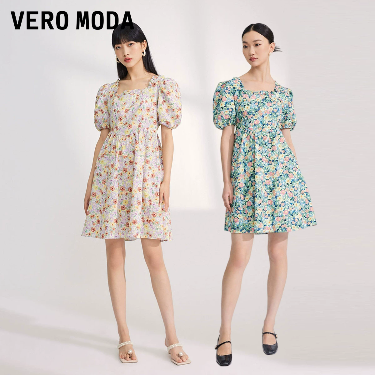 Vero Moda 夏季油画风碎花方领泡泡袖连衣裙 2色 135元包邮 值值值-买手聚集的地方