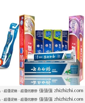 云南白药家族7支装（留兰香45g*2+薄荷清爽45g*2+纯青普洱130g+激爽橘玫130g+冬青香165g)+牙刷 京东商城报价89包邮