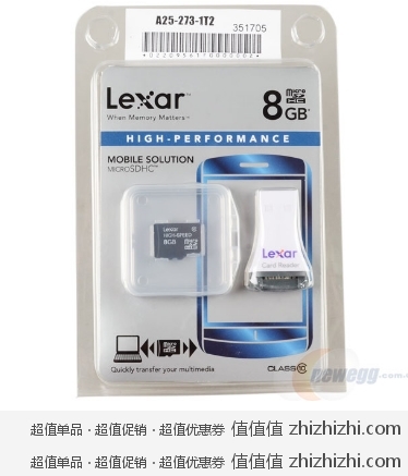 雷克沙 Lexar 8GB Class10 TF卡(Micro SDHC)卡 读卡器套装  新蛋网价格39.9，京东95！