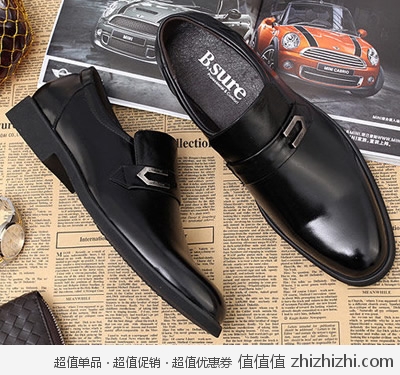 Bsure 新款头层牛皮小圆头男士皮鞋(黑) Y058 苏宁易购价格299 返299全场通用券