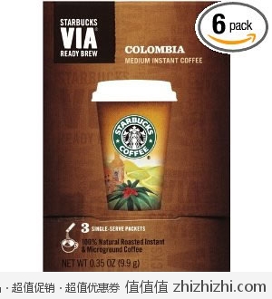 好评！星巴克 Starbucks 哥伦比亚速溶咖啡 6盒装（18条/盒 共计108条）美国Amazon$9.81（<font color=#ff6600>平均每条0.56元人民币</font>）