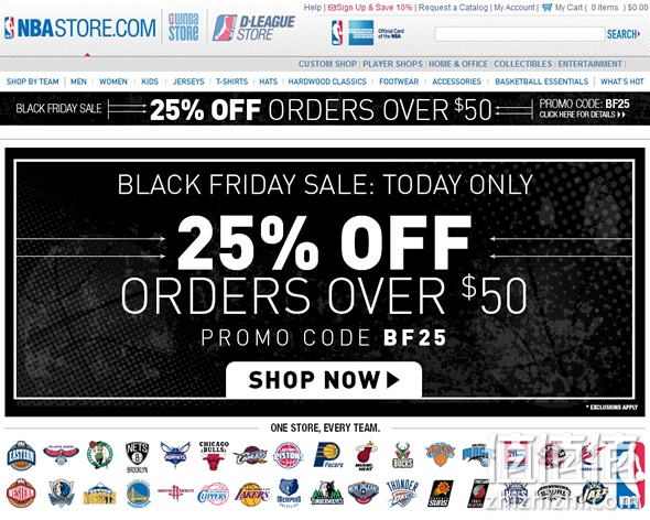 NBASTORE满$50可享额外25% Off