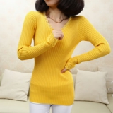 倩莲 女士韩版蕾丝V领内搭修身毛衣