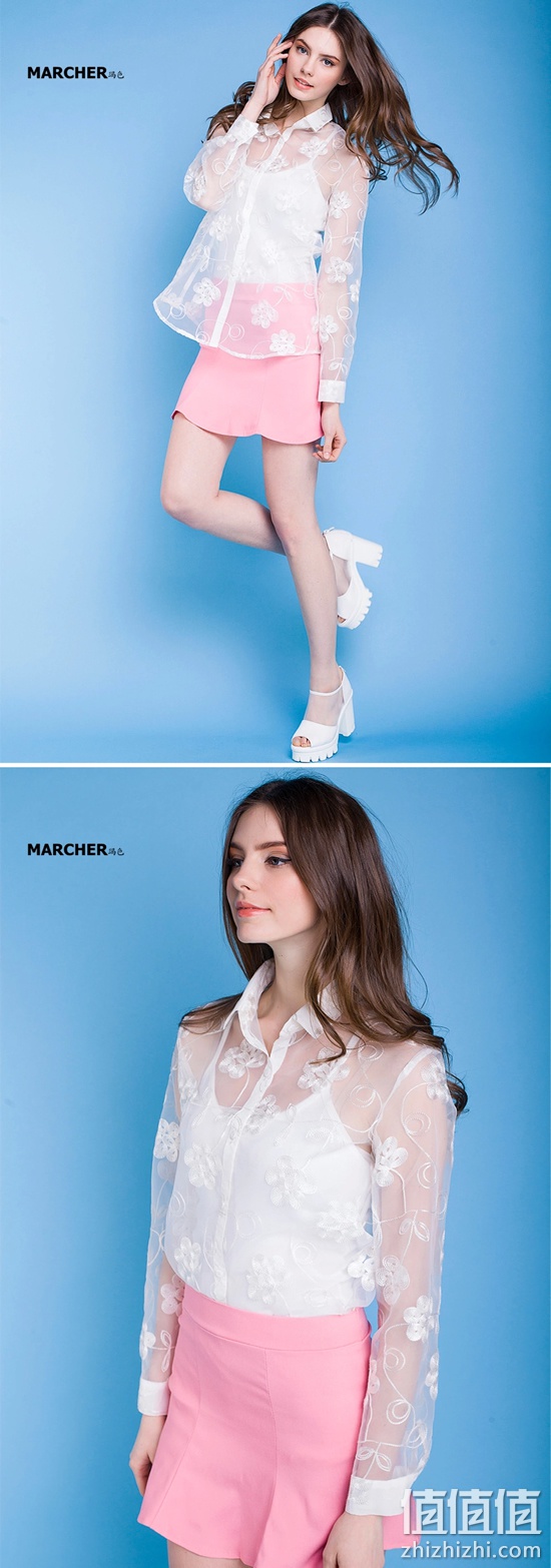 MARCHER欧根纱刺绣白衬衫