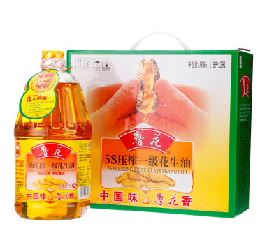 鲁花 5S压榨一级花生油 1.8L*2/盒 76元 （106-30 )