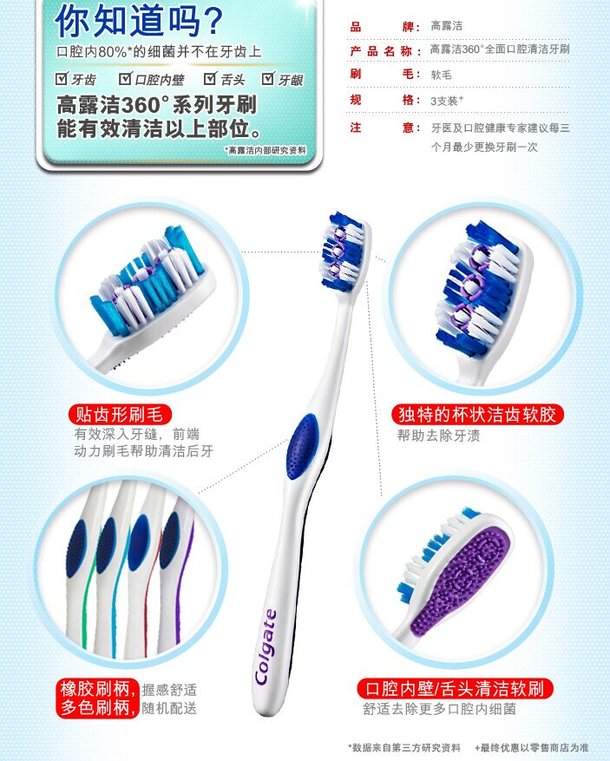 9元   5折 凑单品！高露洁（Colgate）牙刷 360°全面口腔清洁 牙刷×3 9元  （还可159-60 ）