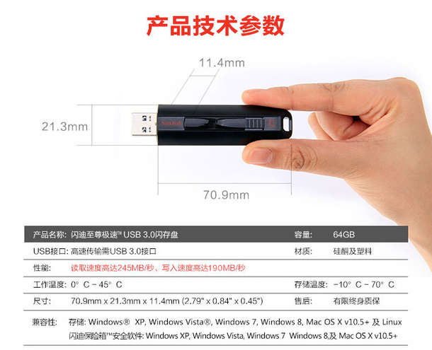 移动端：Sandisk 闪迪 至尊极速 Extreme CZ80 64GB 优盘（190MB/s写入，245MB/s读取）208元 包邮 （228-20 ）