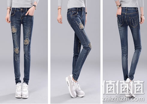 女士韩版时尚破洞小脚牛仔裤
