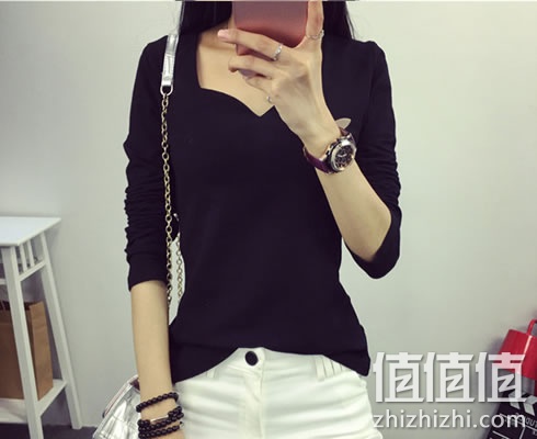 女士韩版修身V领加绒打底衫