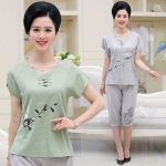 法卡文中老年女士棉麻短袖套装