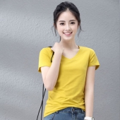 小清新！艾路丝婷女士韩版纯色V领打底衫短袖T恤