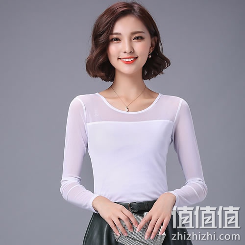 女士修身纯色显瘦网纱打底衫