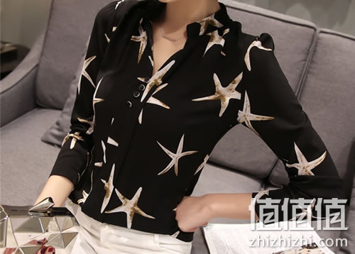 赏蝶儿女士修身V领印花雪纺衫