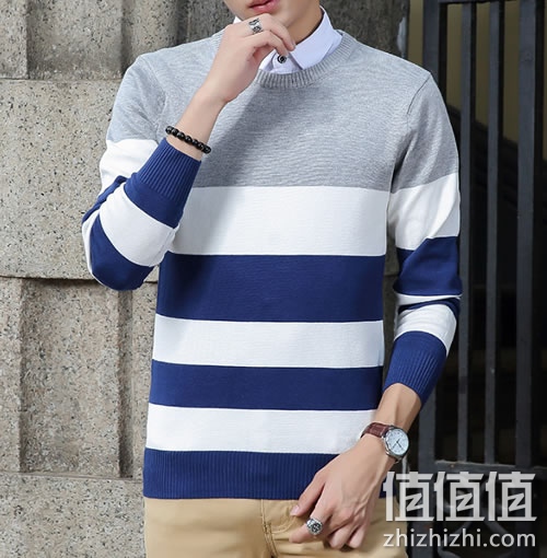 男士韩版修身圆领套头条纹毛衣