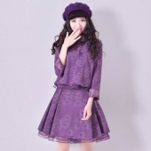 烟花烫（yanhuatang） 上衣+半身裙，2016秋新装复古休闲紫色暗花纹