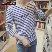 男士韩版修身圆领条纹长袖T恤