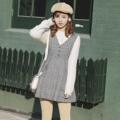 甜美学院风# 擎楦 高腰毛呢背带裙