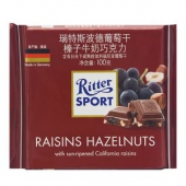 德国进口 瑞特斯波德 RitterSport 葡萄干榛子牛奶巧克力 100g*5件
