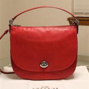 COACH 蔻驰Pebbled Turnlock Hobo女士真皮单肩包 红色