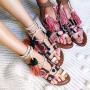 17年新款，Sam Edelman 女士Gretchen真皮绑带平底凉鞋 $49.99