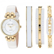 Anne Klein Womens AK/2684WTST Diamond-Accented Gold-Tone and White Leather Strap Watch and Bangle Set