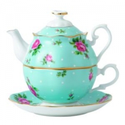 Royal Albert瓷器New Country玫瑰波点蓝色单人茶具