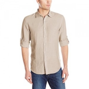 派瑞·艾力斯 Perry Ellis Rolled-Sleeve Solid 男亚麻混纺衬衫